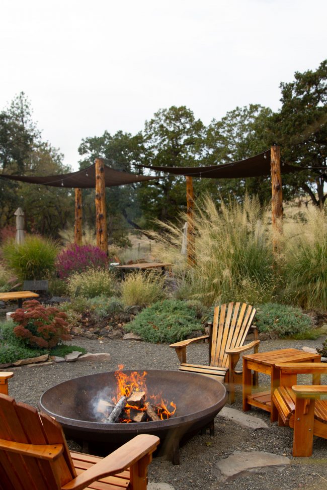 Firepits in the visitor gardens at Syncline Winery