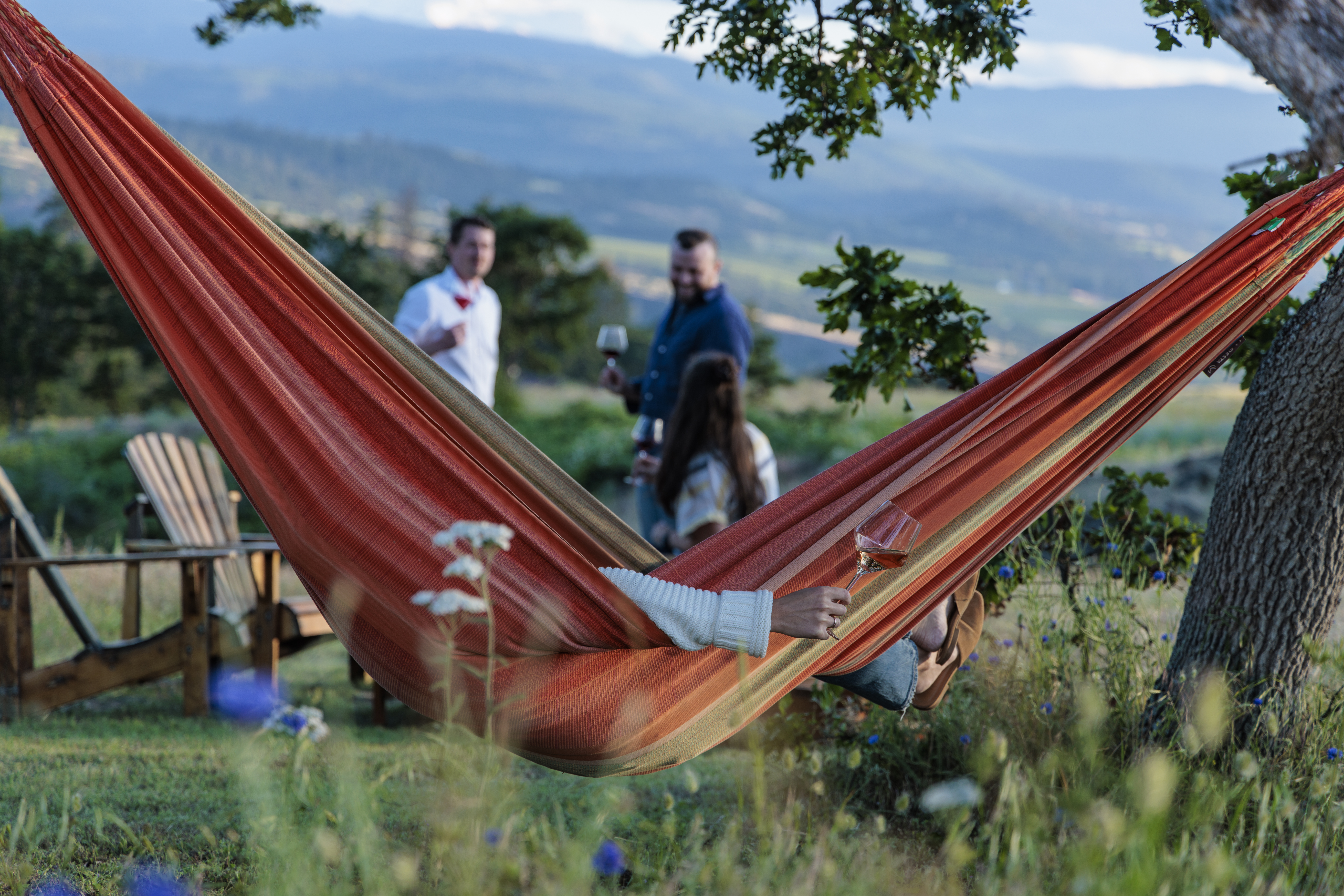 Person enjoying a glass of wine in a hammock with others milling around